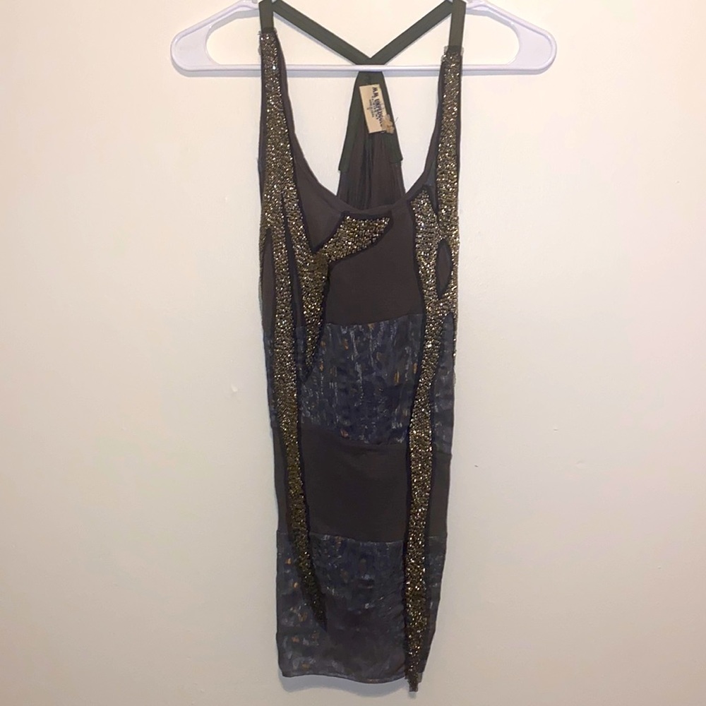 Small Miss Me Unplugged Gray Brown Beaded Leopard Print Sleeveless Blouse